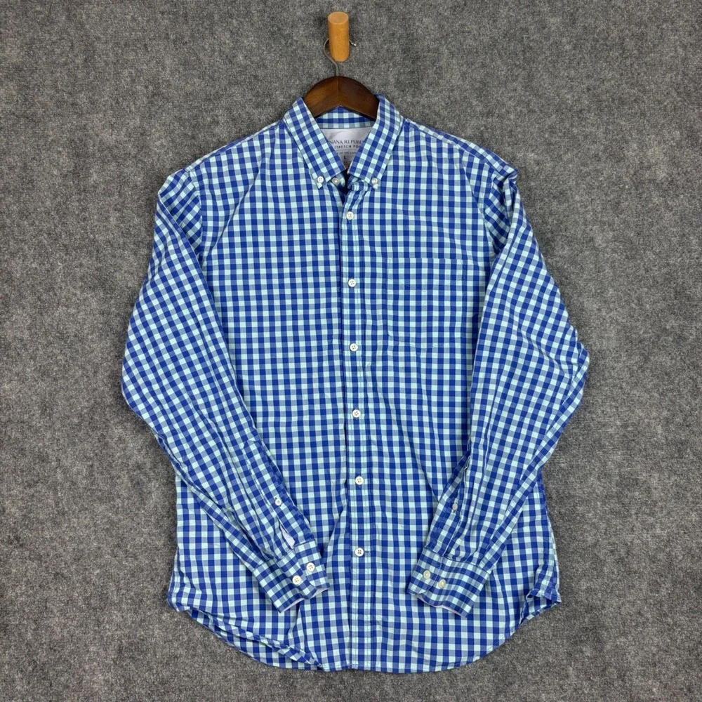 Banana Republic Mens Large Grant Slim Fit Luxe Stretch Poplin Gingham Shirt Blue